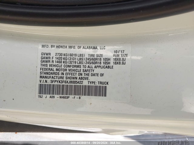 Honda Ridgeline Rtl-t 2018 5FPYK3F6XJB005422 Image 9