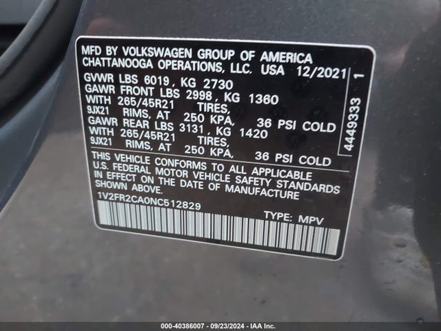 1V2FR2CA0NC512829 Volkswagen Atlas 3.6l V6 Sel Premium R-line