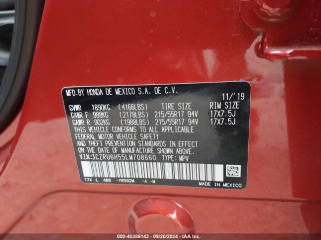 3CZRU6H55LM708660 Honda Hr-v Awd Ex