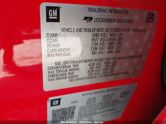 1GCRWBEK1MZ284817 Chevrolet Silverado 1500 2wd Double Cab Standard Bed Custom