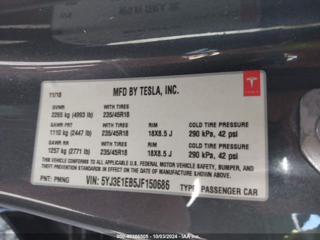 5YJ3E1EB5JF150686 Tesla MODEL 3