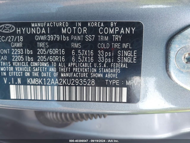 KM8K12AA2KU293528 Hyundai mpi nu