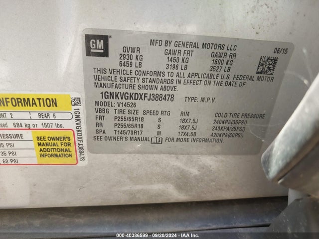 Chevrolet Traverse 1lt 2015 1GNKVGKDXFJ388478 Image 9