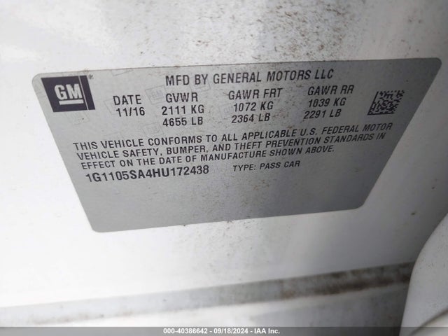 Chevrolet IMPALA 1LT 2017 1G1105SA4HU172438 Image 9