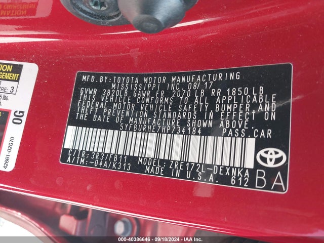 Toyota COROLLA LE 2017 5YFBURHE7HP734184 Image 9