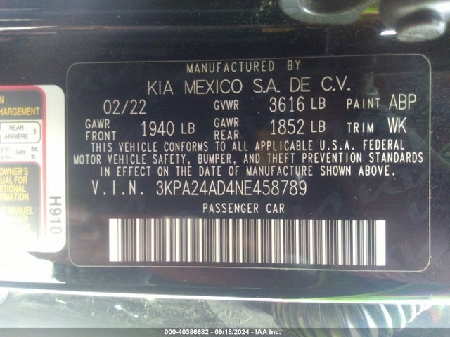 3KPA24AD4NE458789 KIA RIO S