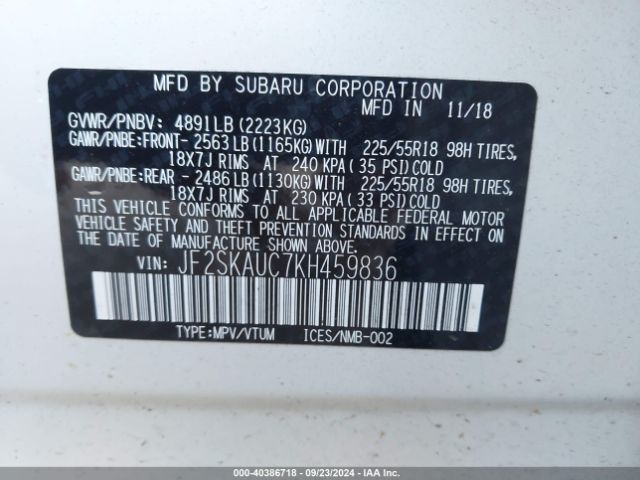JF2SKAUC7KH459836 Subaru Forester Limited