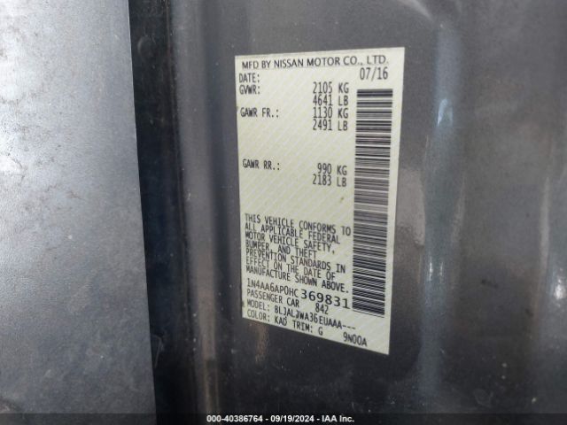 1N4AA6AP0HC369831 Nissan Maxima 3.5 Platinum/3.5 S/3.5 Sl/3.5 Sr/3.5 Sv