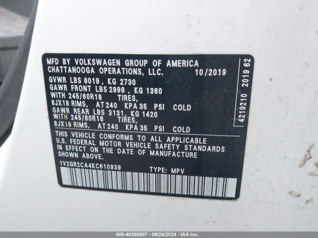 1V2GR2CA4KC610939 Volkswagen Atlas 3.6l V6 S