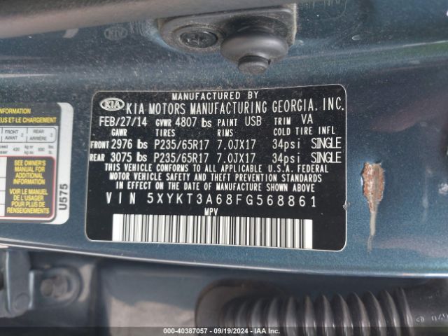 5XYKT3A68FG568861 KIA SORENTO LX