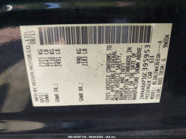 Nissan Maxima 3.5 Sl 2016 1N4AA6AP3GC395953 Image 9
