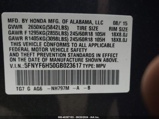 Honda Pilot Ex-l 2016 5FNYF6H50GB023617 Image 9