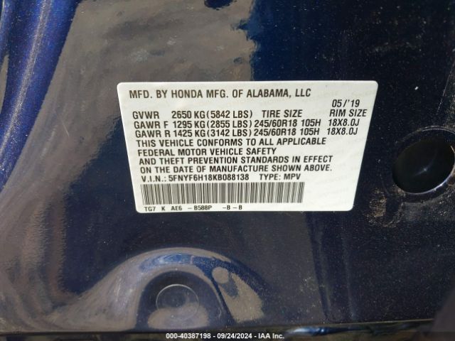 5FNYF6H18KB088138 Honda PILOT LX