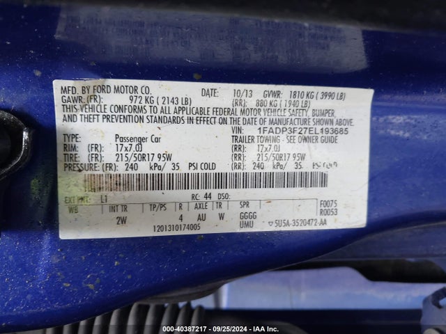 Ford FOCUS SE 2014 1FADP3F27EL193685 Image 9
