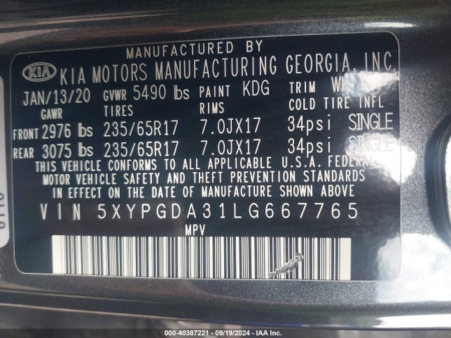KIA Sorento 2.4l Lx 2020 5XYPGDA31LG667765 Image 9