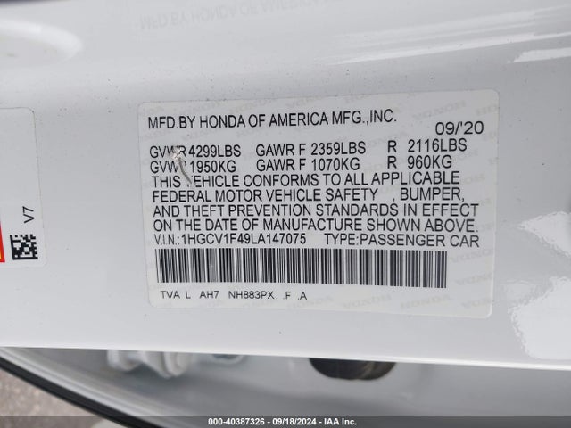 Honda ACCORD EX 2020 1HGCV1F49LA147075 Image 9