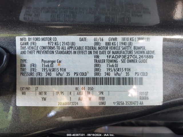 Ford FOCUS S 2016 1FADP3E27GL261889 Image 9