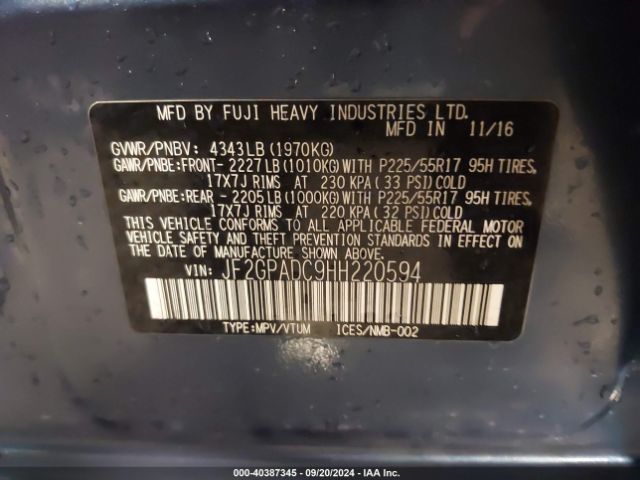 JF2GPADC9HH220594 Subaru Crosstrek 2.0i Premium