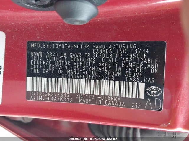 Toyota COROLLA LE 2015 2T1BURHEXFC310768 Image 9
