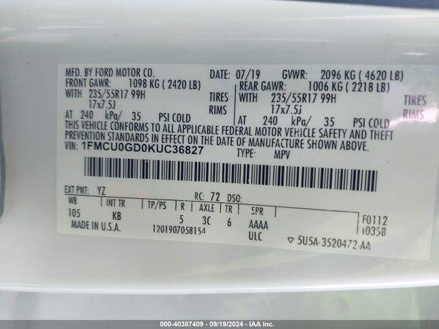 Ford ESCAPE SE 2019 1FMCU0GD0KUC36827 Image 9