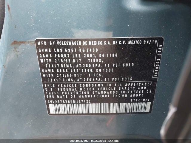 3VV2B7AX6KM137422 Volkswagen Tiguan 2.0t Sel/2.0t Sel R-line/2.0t Sel R-line Black/se