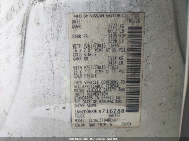 1N6ED0EB9LN716288 Nissan Frontier Sv 4x4