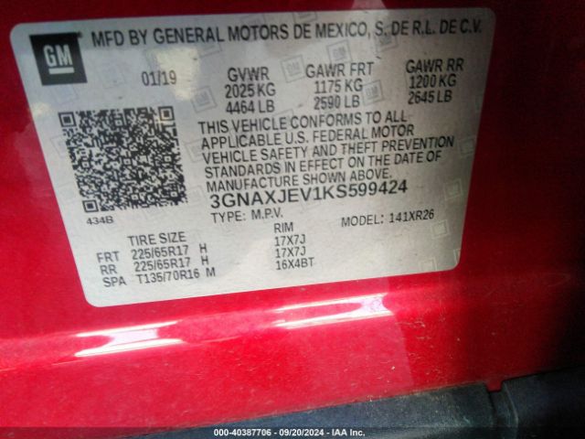 3GNAXJEV1KS599424 Chevrolet EQUINOX LT