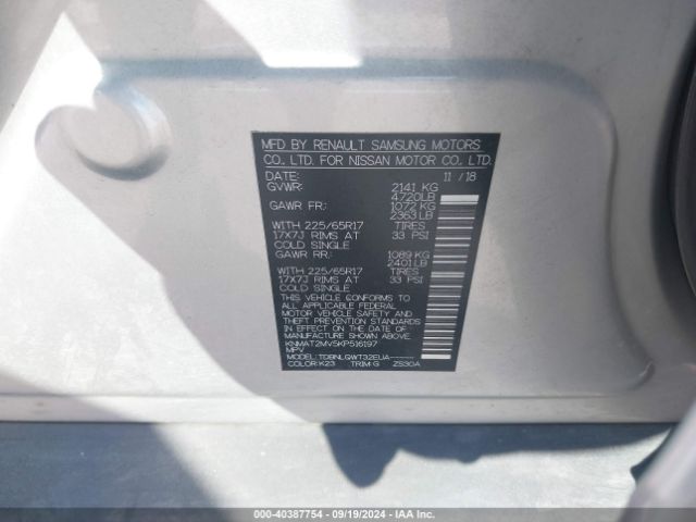 KNMAT2MV5KP516197 Nissan ROGUE SV