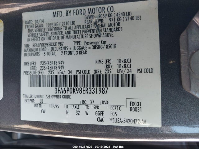 Ford Fusion Titanium 2014 3FA6P0K98ER331987 Image 9