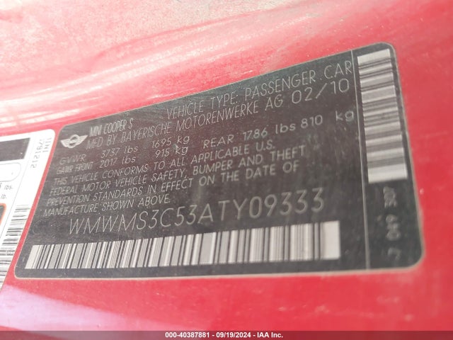 2010 MINI COOPER S WMWMS3C53ATY09333 Photo 8