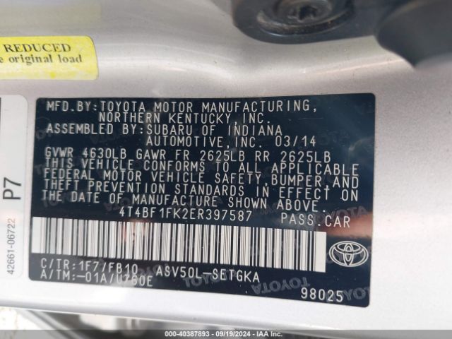4T4BF1FK2ER397587 Toyota CAMRY XLE