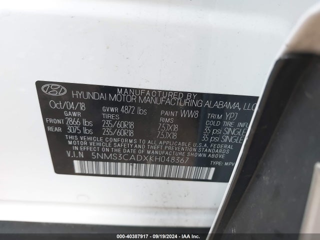 5NMS3CADXKH048367 Hyundai Santa Fe Sel Plus