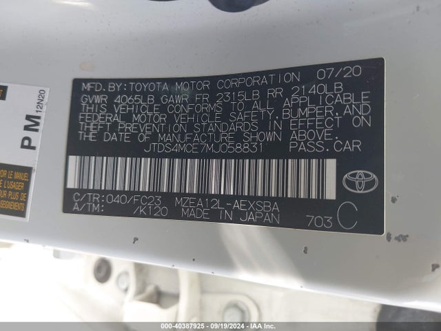 Toyota COROLLA SE 2021 JTDS4MCE7MJ058831 Image 9