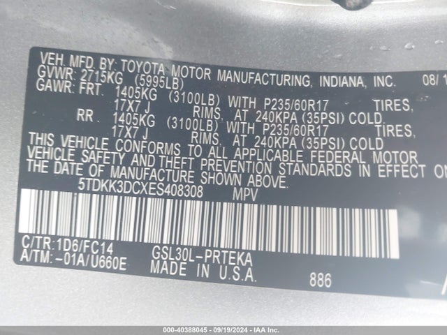 Toyota Sienna Le V6 8 Passenger 2014 5TDKK3DCXES408308 Image 9