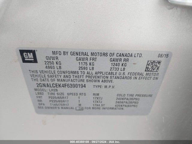 Chevrolet Equinox 2lt 2015 2GNALCEK4F6390194 Image 9