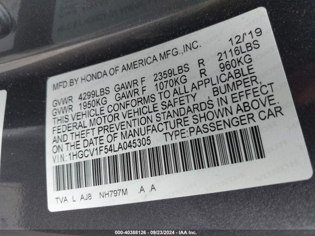2020 Honda Accord Ex-l მანქანა იყიდება აუქციონზე, vin: 1HGCV1F54LA045305, აუქციონის ნომერი: 40388126