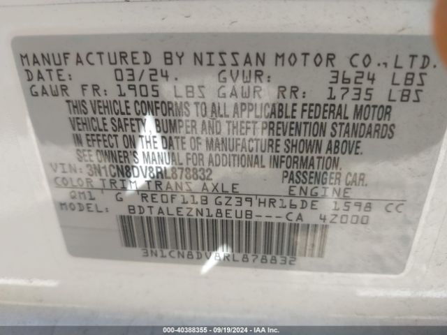 3N1CN8DV8RL878832 Nissan Versa 1.6 S