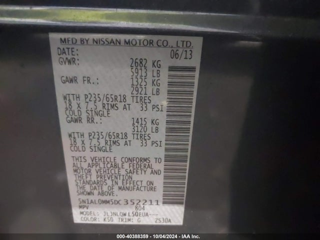 40388359 :رقم المزاد ، 5N1AL0MM5DC352211 vin ، 2013 Infiniti Jx35 مزاد بيع