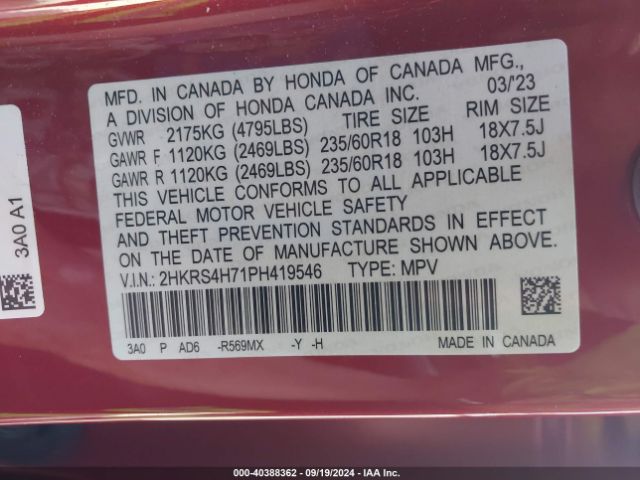 2HKRS4H71PH419546 Honda Cr-v Ex-l Awd