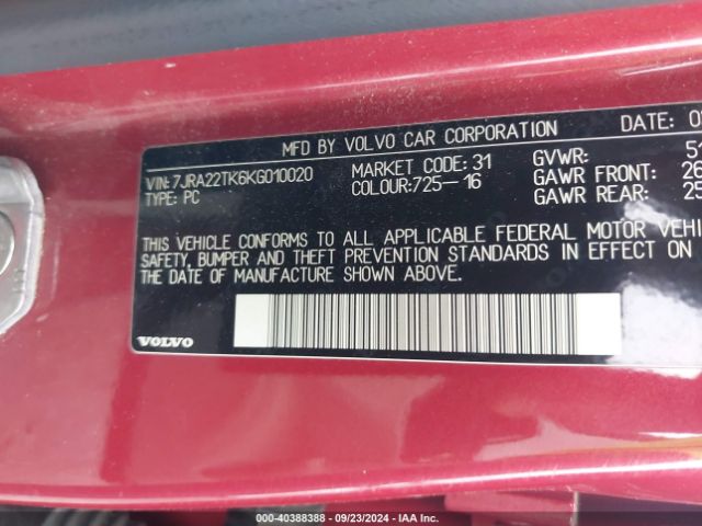 7JRA22TK6KG010020 Volvo S60 T6 Momentum