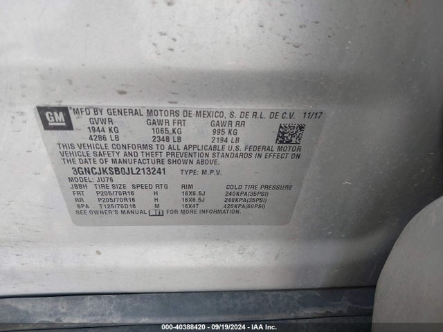 Chevrolet TRAX LS 2018 3GNCJKSB0JL213241 Image 9