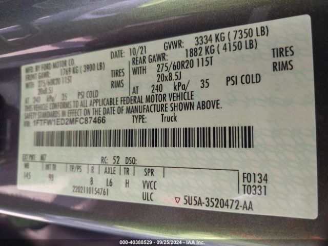 1FTFW1ED2MFC87466 Ford F-150 Platinum
