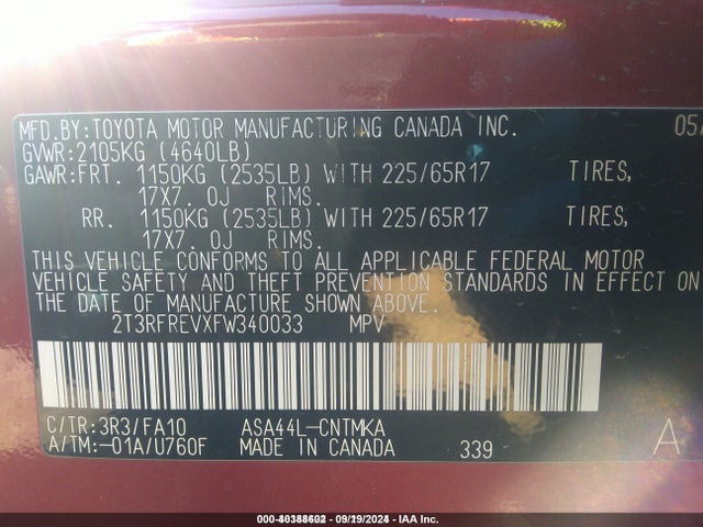 Toyota Rav4 Xle 2015 2T3RFREVXFW340033 Image 9