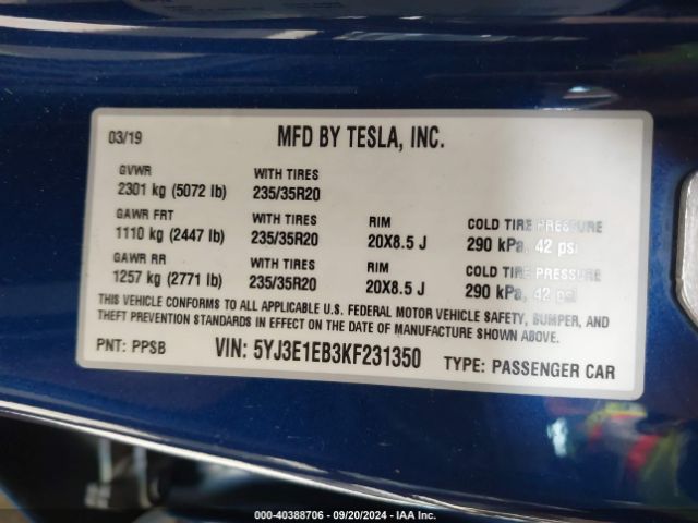 5YJ3E1EB3KF231350 Tesla Model 3 Long Range/performance
