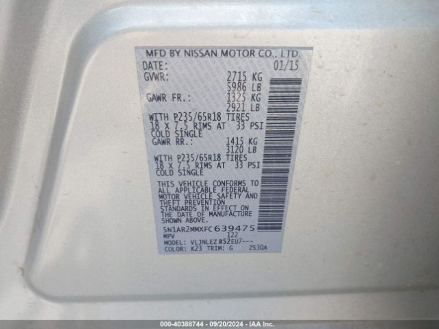 5N1AR2MMXFC639475 Nissan Pathfinder Platinum/s/sl/sv