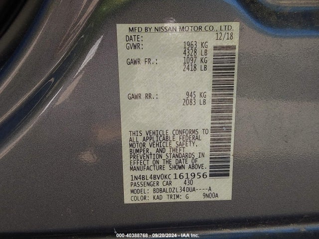 Nissan Altima 2.5 S 2019 1N4BL4BV0KC161956 Image 9
