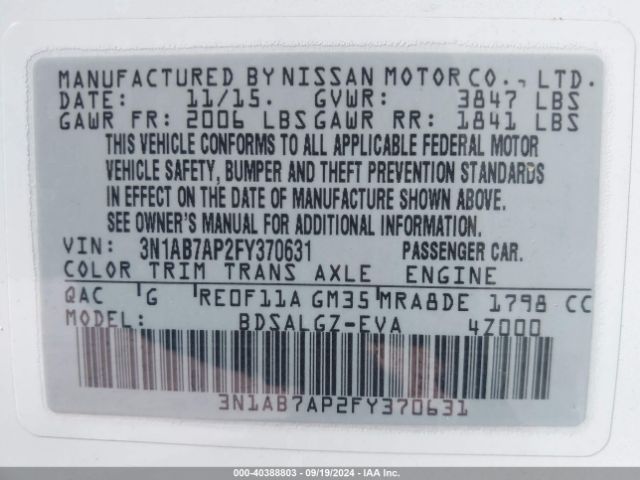 3N1AB7AP2FY370631 Nissan SENTRA SL