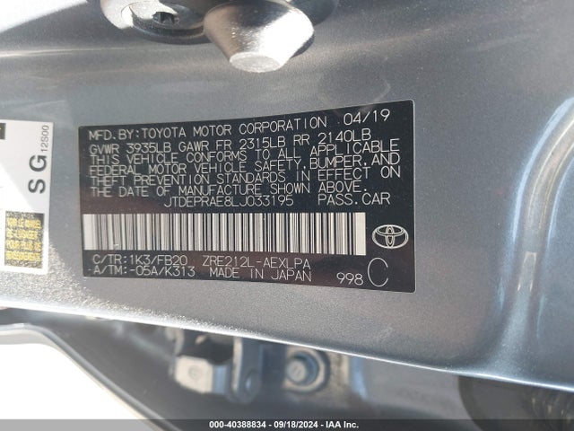 Toyota COROLLA LE 2020 JTDEPRAE8LJ033195 Image 9