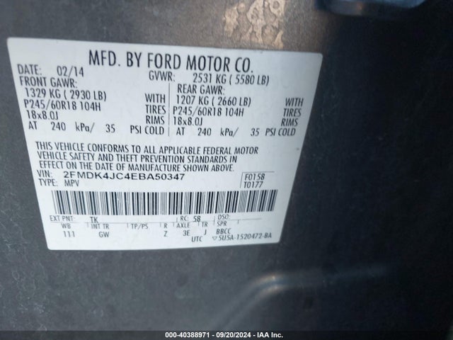 Ford EDGE SEL 2014 2FMDK4JC4EBA50347 Image 9
