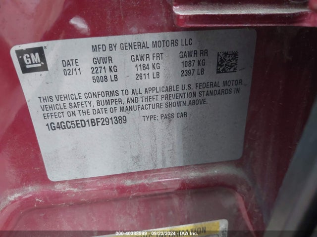 Продаж на аукціоні авто 2011 Buick Lacrosse Cxl, vin: 1G4GC5ED1BF291389, номер лоту: 40388999